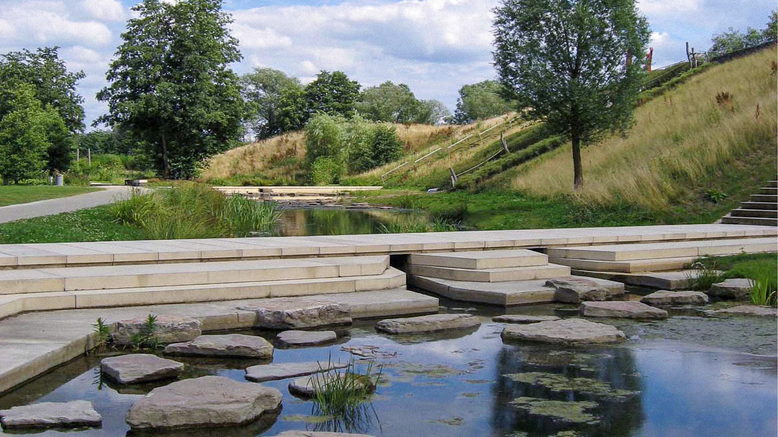 Blick von Wasserseite auf die grünen, bewaldeten Flächen